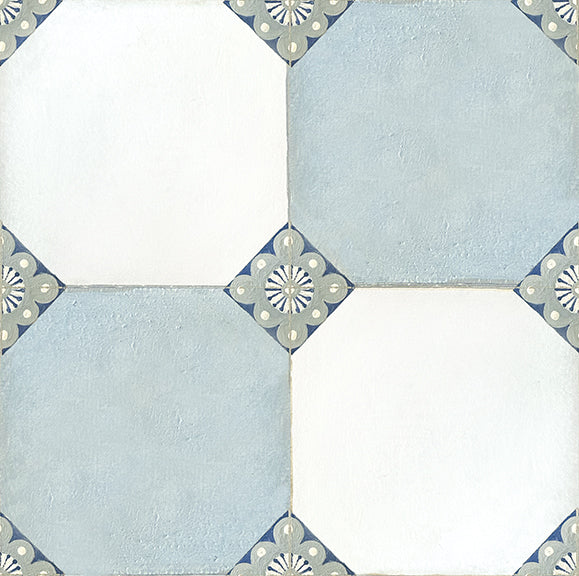 Belvedere ceramic tile, with blue and white pattern on an 8x8" matte ceramic tile