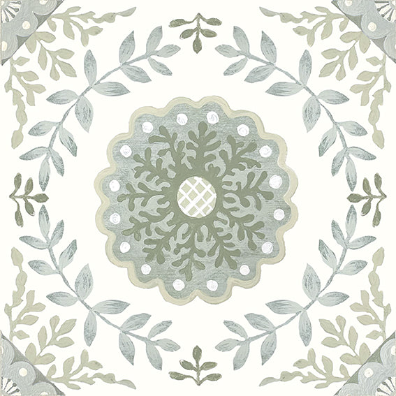 Clara Ceramic tile on 8x8" matte tile with blue, green, and white pattern
