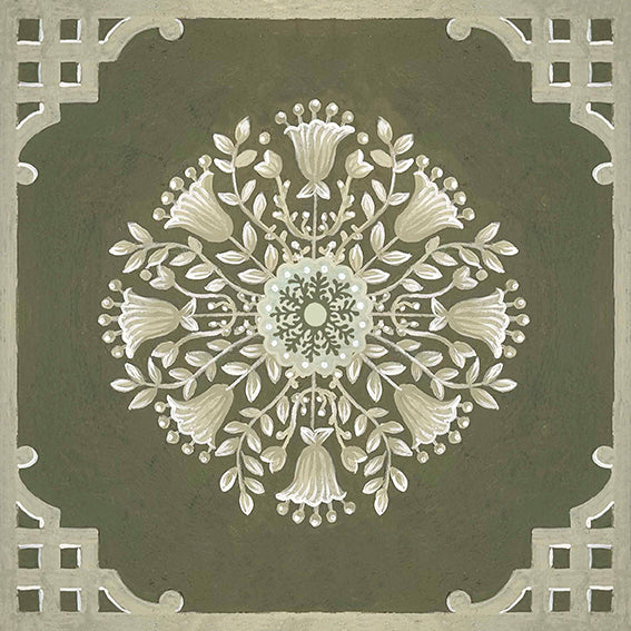Clive ceramic tile on 8x8" matte tile with dark green background and light green floral center