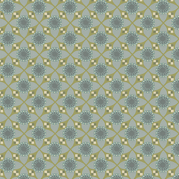 Patterned wallpaper with geometric design on a blue background