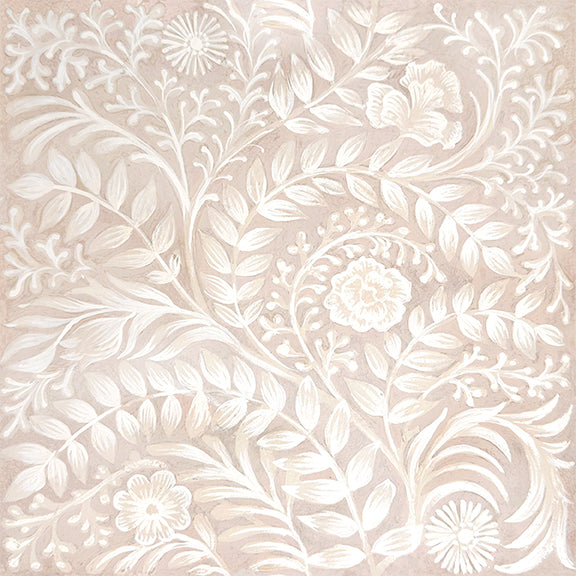 Virginia ceramic tile on 8x8" matte tile with light pink background and white florals