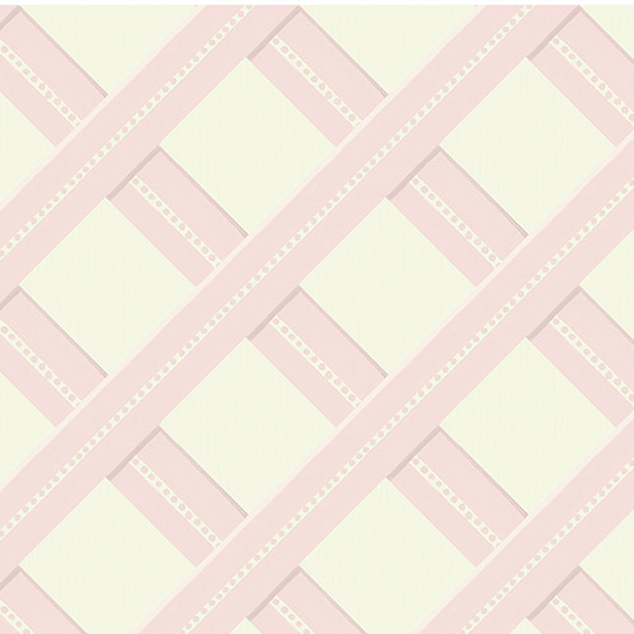 Patterned wallpaper with pink and white geometric design on a light green background
