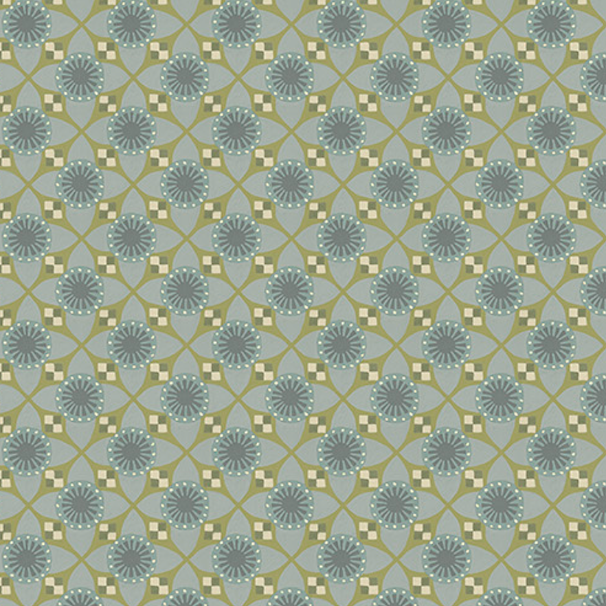 Patterned wallpaper with geometric design on a blue background