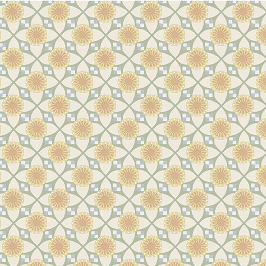 Geometric wallpaper with yellow and blue shapes on a light gray background